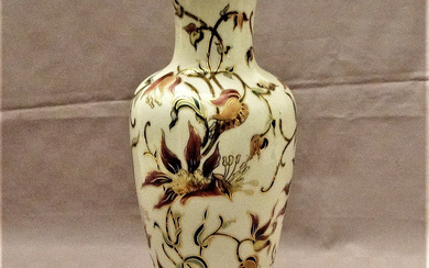 ZSOLNAY VASE WITH HAND PAINTED FLORAL DECORATION, VINTAGE.