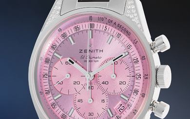 Zenith, Ref. 16.3201.3600/33.M3200 A brand new and unique stainless steel and diamond-set chronograph wristwatch with pink dial, tachymeter, date, bracelet and presentation box with proceeds benefitting Susan G. Komen, the world’s leading breast...