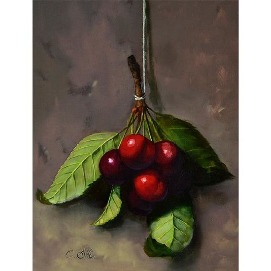 Carle Shi "Still Life with Cherries" oil on masonite