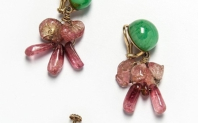 14kt Gold, Jadeite, and Tourmaline Earclips and Single 14kt Gold Earclip