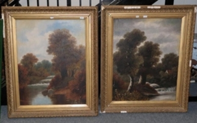 ^ T* Thornley (19th century) Woodland waterfalls, signed, oil on...