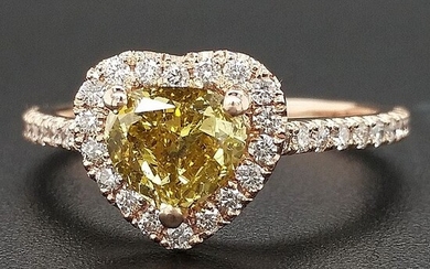 1.34ct Natural Fancy Vivid Greenish Yellow, Diamonds - 14 kt. Pink gold - Ring - ***No Reserve Price***