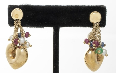 14K Ruby, Sapphire, Emerald & Pearl Heart Earrings