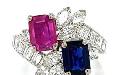 14K White Gold Diamond Ruby and Sapphire Ring