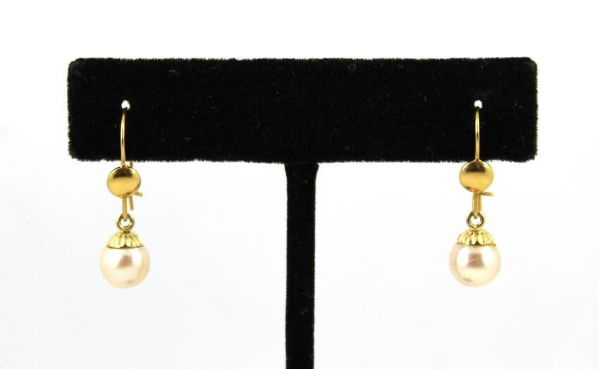 14K Yellow Gold & Pearl Pendant Earrings, Vintage