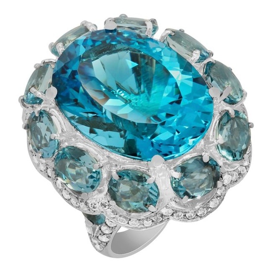 14k White Gold 25.62ct Blue Topaz 14.13ct Aquamarine 2.25ct Diamond Ring