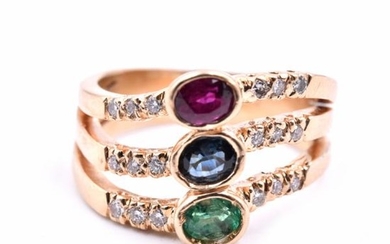 14k Yellow Gold Emerald, Sapphire, Ruby and Diamond