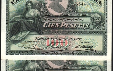 15 de julio de 1907. 100 pesetas. Pareja correlativa. EBC+. Lote de 2