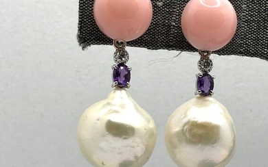 18 kt. Freshwater pearls, White gold, 14 mm - Earrings amethyst pink opal diamonds