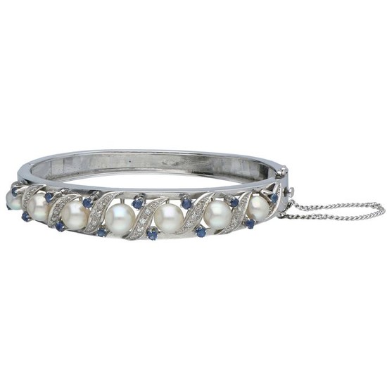 18 kt. White gold - Bracelet Diamond - Pearl - Sapphire