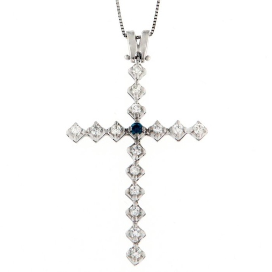 18 kt. White gold - Necklace with pendant - 0.03 ct Sapphire - 0.60 ct Diamonds
