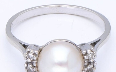 18 kt. White gold - Ring Pearl - 0.02 ct Diamond
