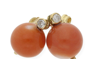 18 kt. Yellow gold - Earrings - 0.10 ct Diamond - Coral