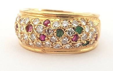 18 kt. Yellow gold - Ring - 0.60 ct Diamond - Emeralds, Ruby, Sapphire