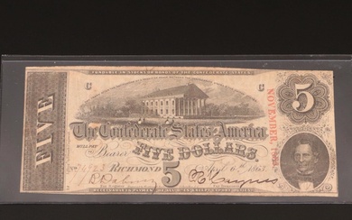 1863 Confederate States of America (CSA) $5 Banknote