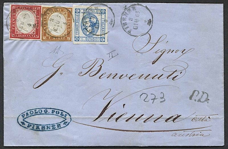 1863, Sardegna, lettera da Firenze per Vienna dell’8 giugno 1863