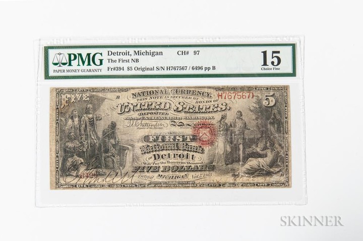 1865 Original First National Bank of Detroit, Michigan $5 Note, Ch. 97, PMG Choice Fine 15