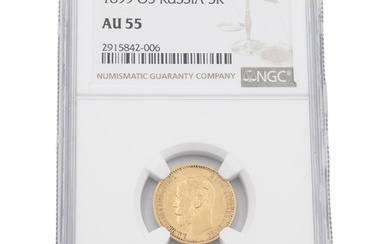 1889 Russia Emperor Nicholas II ФЗ O3 gold Five Roubles coin...