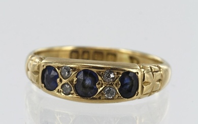 18ct yellow gold antique diamond and sapphire boat shaped ri...