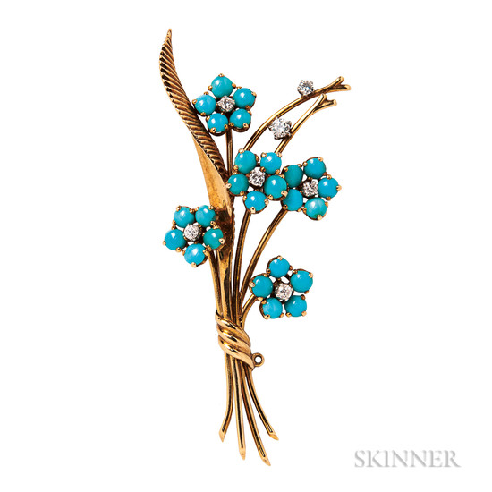 18kt Gold, Turquoise, and Diamond Flower Brooch, Van Cleef & Arpels