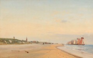 1927/1 - Emanuel Larsen: People and fishingboats on a beach. Signed and dated C. F. Emanuel Larsen Scheveningen Sept. 1852. Oil on paper laid on canvas. 41 x 65 cm.