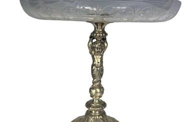 19TH C. CONTINENTAL SILVER AND ETCHED GLASS TAZZA