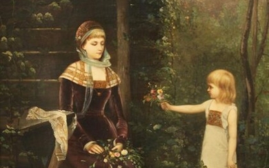 19TH C. O/C PAINTING OF YOUNG GIRL IN GARDEN SCENE