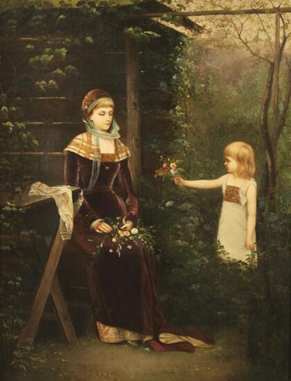 19TH C. O/C PAINTING OF YOUNG GIRL IN GARDEN SCENE
