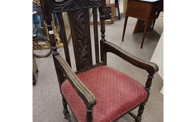 19TH CENTURY OAK OPEN ARMCHAIR WITH DECORATIVE CARVED BACK O...