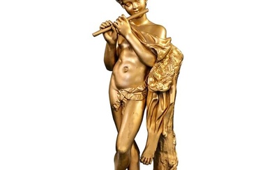 19th Century Bronze Nude Pan Satyr of a Flutist Figure