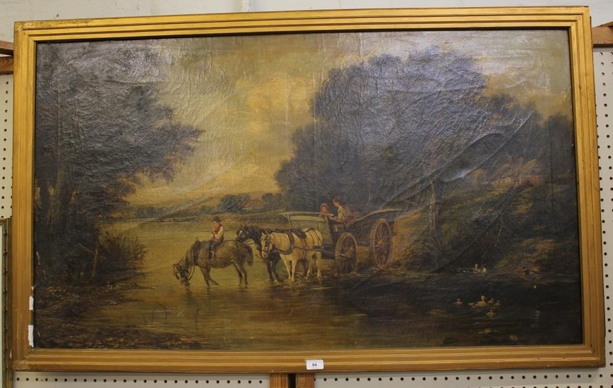 19th century English School Horses and cart fording a stream...