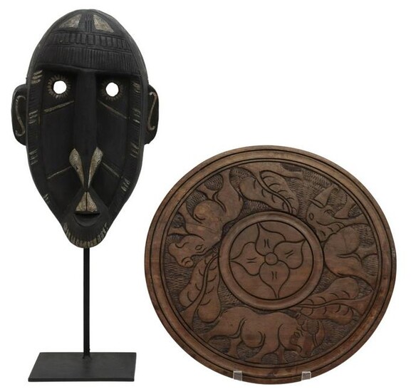 (2) AFRICAN TRIBAL CARVED MASK & DECORATIVE PANEL