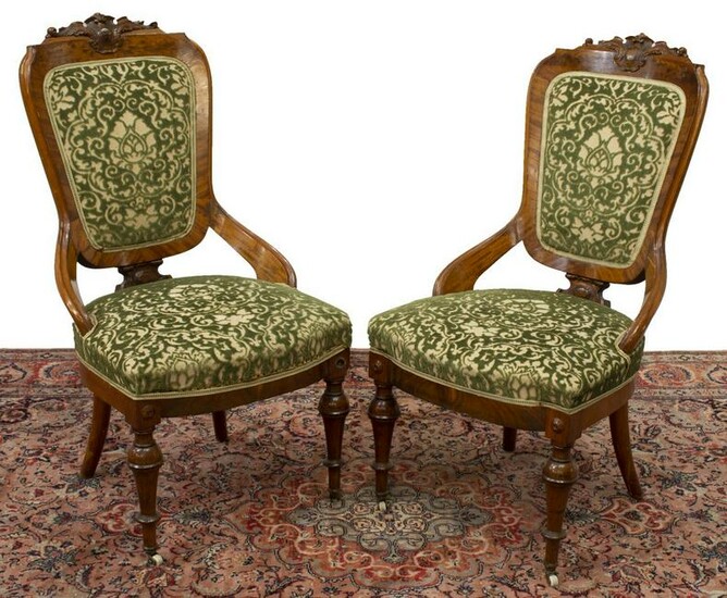 (2) VICTORIAN CARVED & UPHOLSTERED SIDE CHAIRS
