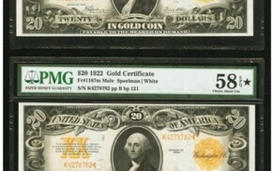 20071: Fr. 1187 $20 1922 Mule Gold Certificates Three E