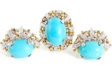 Vintage Jack Gutschneider turquoise and diamond ring and earring set (3pcs)