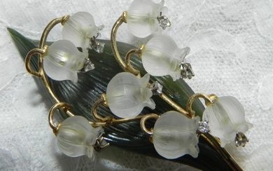 18 kt. Gold - Brooch Lilies of the valley in 750 18K yellow gold gold rock crystal jade - 0.40 ct Diamond