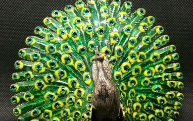 Amazing Silver Statue Depicting Enamelled Peacock - Silver - Italy - mid 20th century