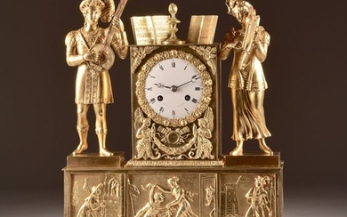 Large (57 cm) bronze Empire clock with two musicians - Bronze (gilt/silvered/patinated/cold painted) - Early 19th century