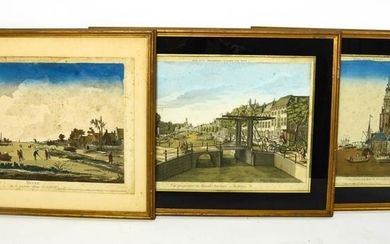 3 Antique Hand Colored Engravings of Amsterdam