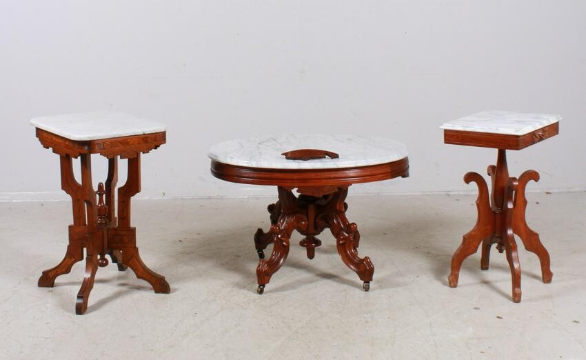 (3) Victorian carved walnut marbletop tables