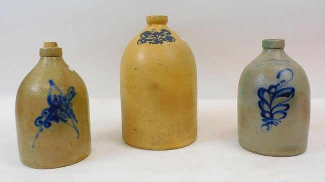 (3) blue decorated stoneware jugs. 19th-century.