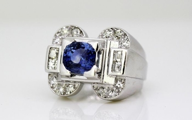 .850 Platinum - Ring Ceylon Sapphire - Diamonds