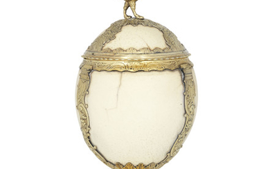A CONTINENTAL SILVER-GILT-MOUNTED OSTRICH EGG CUP AND COVER, APPARENTLY UNMARKED, CIRCA 1760