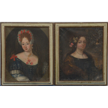 Scuola italiana della fine del secolo XVIII, coppia di dipinti ad olio su tela raffiguranti "Ritratti di dame" (cm 73,5x59)...
