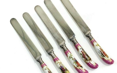 5 Silver & Dresden Handled Knives, Early 20th C
