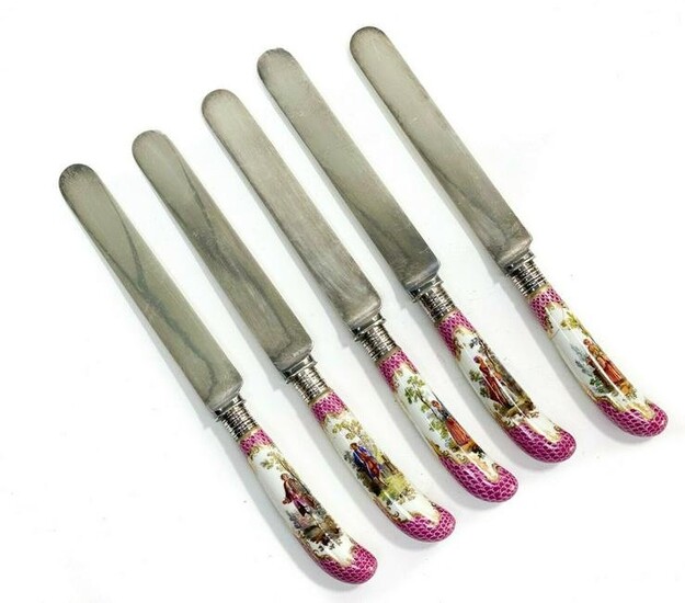 5 Silver & Dresden Handled Knives, Early 20th C