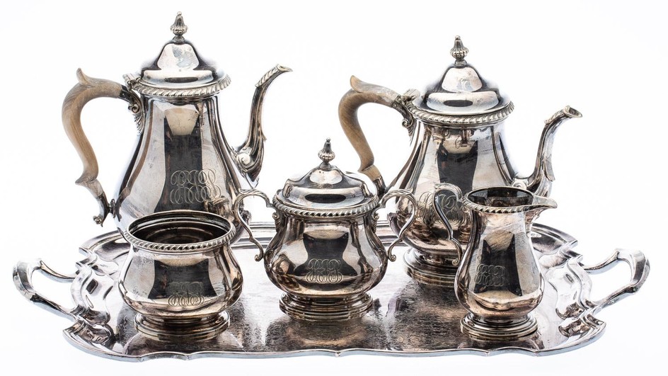 5 piece Sterling Silver Gorham Tea and Coffee Service and a Wallace Silverplate Tray EV1DQ