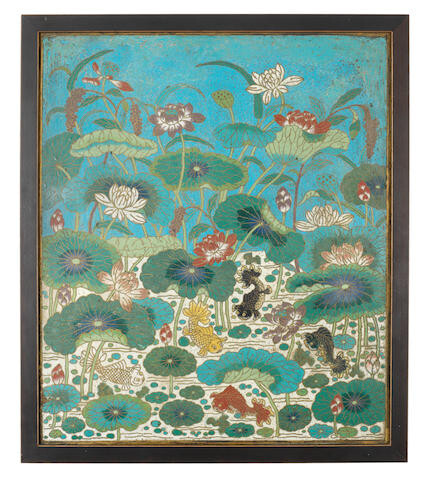 A cloisonné-enamel 'fish and lotus' Rectangular panel
