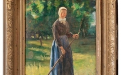 AMERICAN SCHOOL, Early 20th Century, Woman with a rake., Oil on board, 10.5" x 7.5". Framed 14" x 11".