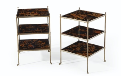 A PAIR OF BLACK AND GILT-JAPANNED AND BRASS THREE-TIER SIDE TABLES, 20TH CENTURY